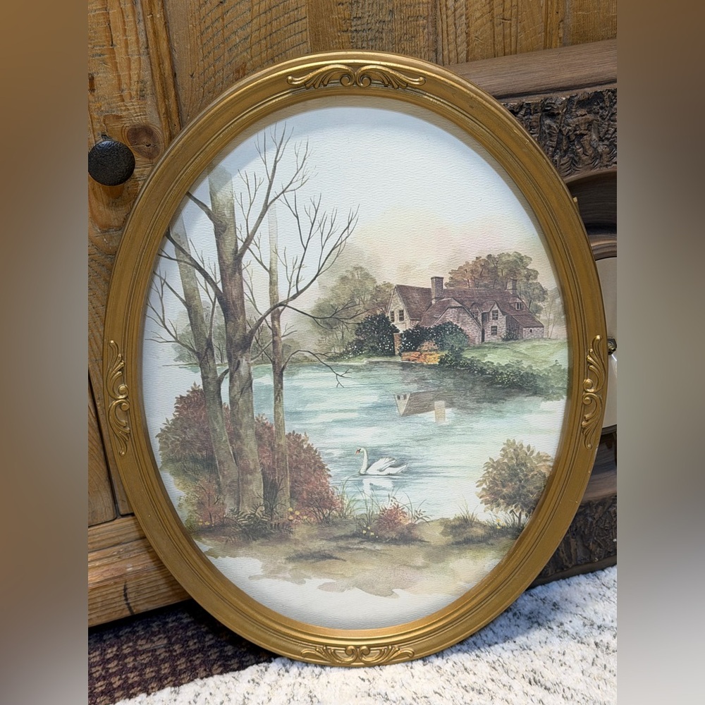 vintage Frank Massa "Swan On Lake" watercolor print produced by Homco